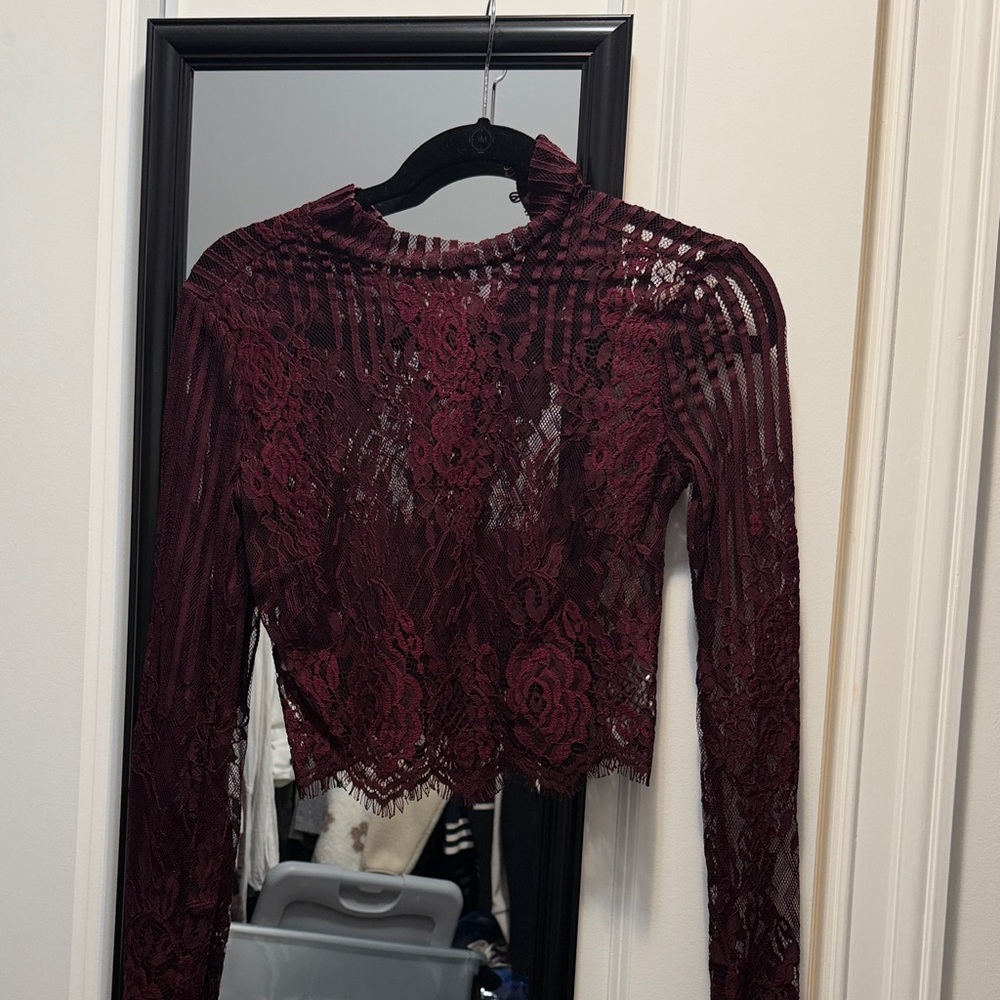 Vintage lace and stripe top in ox blood size small